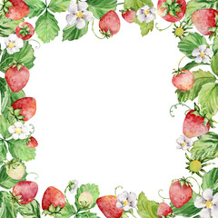 Frame with watercolor straberries and leaves