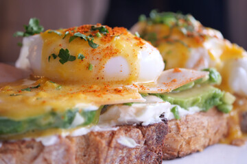 Tasty fresh toast with avocado and egg