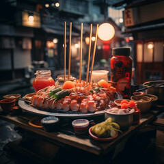Grilling barbecue meats outdoors, creating a delicious and hot meal over an open fire during a summer cookout