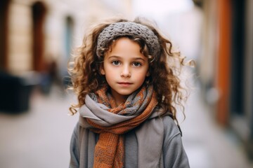 Portrait of a beautiful little girl with curly hair in a hat and scarf.