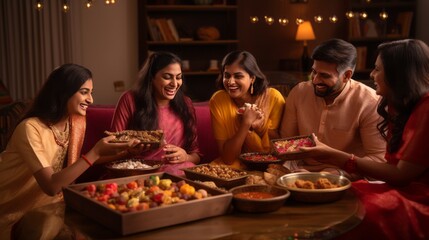 Multigenerational indian family eating sweets while celebrating festival or occasion dressed in traditional wear, sitting on sofa or couch
