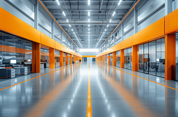 Fototapeta premium Modern Corporate Elegance: Sleek Office Corridor with Orange Accents