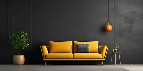 yellow sofa with a grey background and a gray wall.