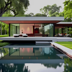 A luxurious modern house with a pool in front of the exterior, minimal architecture, 3d rendering, generative Ai