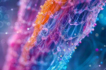 Microscopic image of textile fibers interweaving, colorful threads, detailed texture - obrazy, fototapety, plakaty