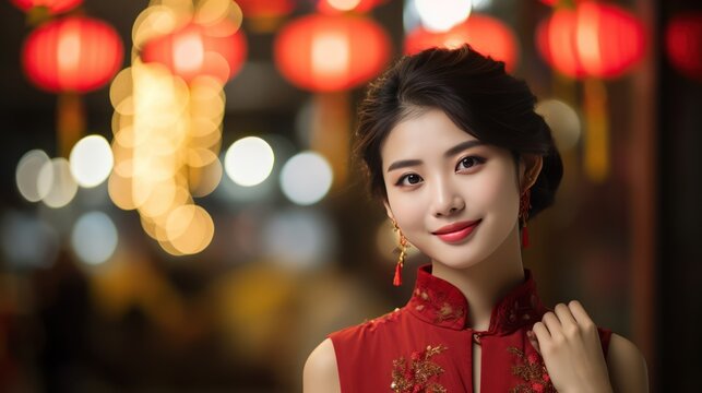 A Beautiful Asian woman wearing Chinese national costume (cheongsam) smiles on Chinese New Year in a Chinese community, bokeh blurred background. City lights are out of focus. Background image,