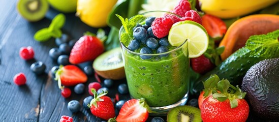 Green diet, detox, and healthy breakfast with fruits and vegetables made in a blender by a nutritionist for a young person focused on vegan protein. - obrazy, fototapety, plakaty