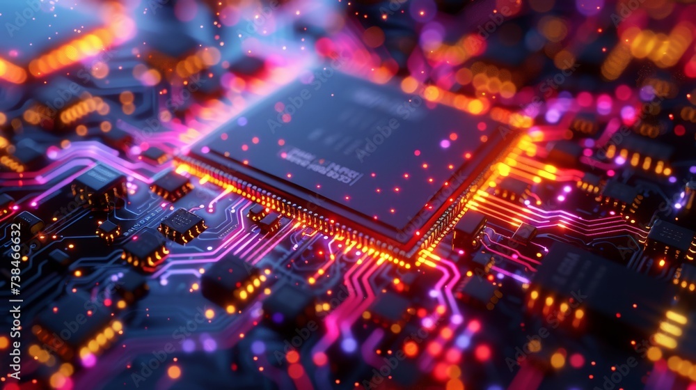 Poster microscopic view of computer chip circuits, highly detailed