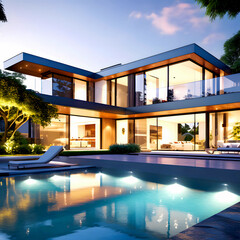 A luxurious modern house with a pool in front of the exterior, minimal architecture, 3d rendering, generative Ai