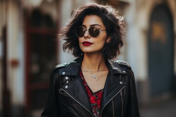 Portrait of a beautiful young brunette woman in black leather jacket and sunglasses