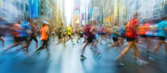 Marathon runners blurred in urban motion.