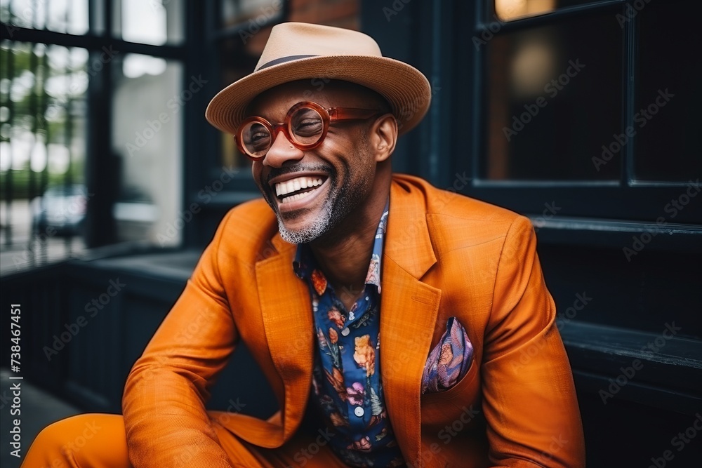 Sticker Portrait of a smiling african american man in orange jacket and hat