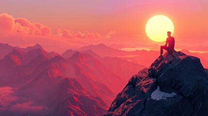A man enjoying the sunset from the peak of a mountain - obrazy, fototapety, plakaty