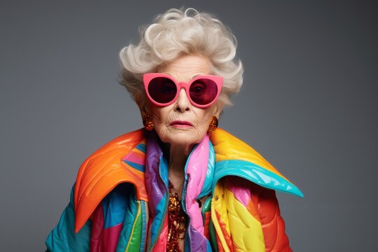 Fashionable senior woman in sunglasses and raincoat posing over grey background.