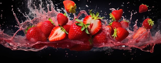 strawberry in water splash, there is free space for text, wallpaper, poster, advertisement - obrazy, fototapety, plakaty