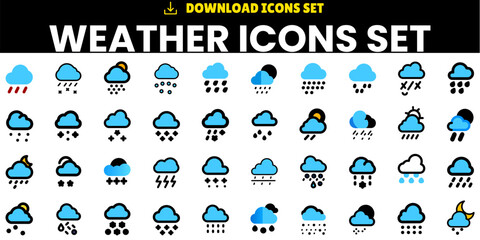 Weather Icons: Complete Forecast Set Including Clouds, Sunny Day, Snowflakes, Wind, and Sun Day.





