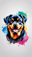 Colorful Rottweiler dog illustration on watercolor splash isolated on white background