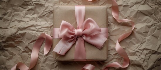 Present enclosed in bumpy brown paper and pink satin bow.