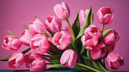 Fototapeta premium Bouquet of pink tulips for congratulations on Mother's Day, Valentine's Day, Women's Day. Blurred background.