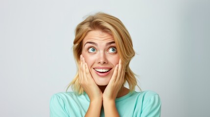 Surprised blonde woman with hands on face.