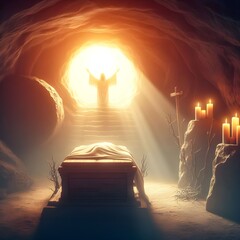 ✝️Tomb Empty With Shroud And Crucifixion At Sunrise With Abstract Magic Lights - Resurrection Of Jesus Christ and hope and joy of Easter, that death is not the end, but the beginning of a new life. 🙏
