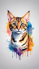 Colorful Bengal cat illustration on watercolor splash isolated on white background