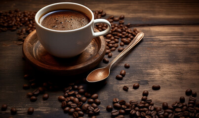Coffee cup and coffee beans on wooden table. Coffee background