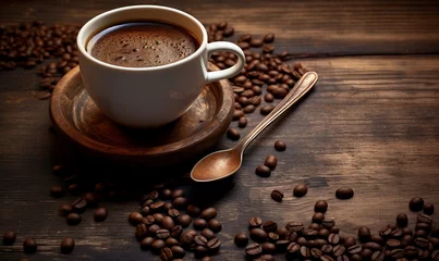 Keuken spatwand met foto Coffee cup and coffee beans on wooden table. Coffee background © Digital Waves