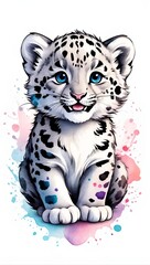 Colorful Snow leopard illustration on watercolor splash isolated on white background