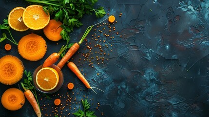 Closeup, carrot and food for health and cooking, wellness and nutrition with vegan or vegetarian...