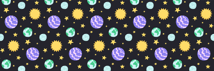 Baby cute seamless pattern with space elements on dark background. Hand drawn flat cartoon style. Vector illustration