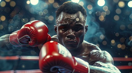 a person of an African American male boxer fighting with gloves up looking at camera in the boxing ring