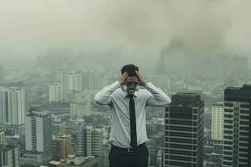 Close-up of a businessman wearing a white shirt and tie. Wear a chemical protection mask. Standing on a tall building in the middle of a polluted city
