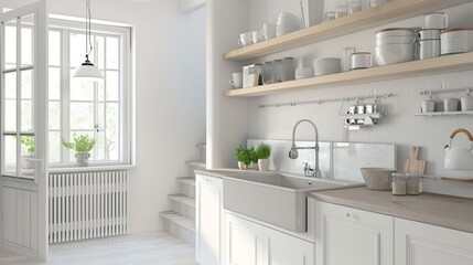 Serene Kitchen Space with Open Shelves and Neutral Color Scheme AI Generated.