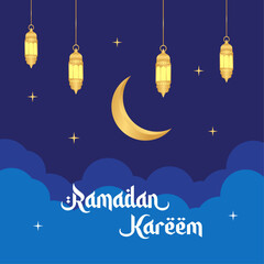 Obraz na płótnie Canvas Islamic greetings Ramadan Kareem, blue background design with lanterns and moon illustrations. Ramadan square template poster vector