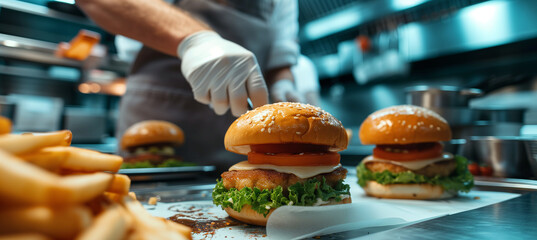 Chef creating meat cutlet burgers for takeaway orders in fast food restaurant