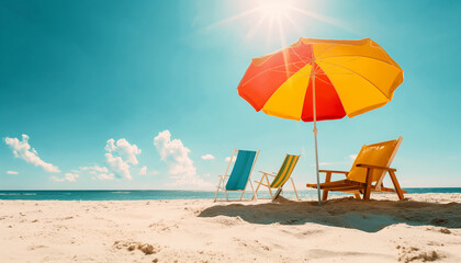 Relaxing Beach Scene with Chairs, Umbrella, and Ocean View