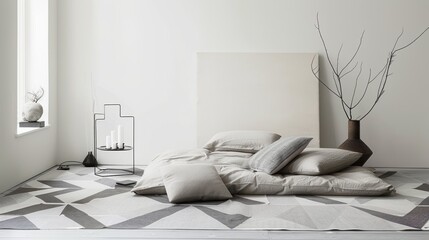 Cozy Minimalist Bedroom with Geometric Rug and Floor Cushions