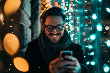 Man using smartphone with social media and digital online The idea of living during the holidays and using social media, technology networks.
