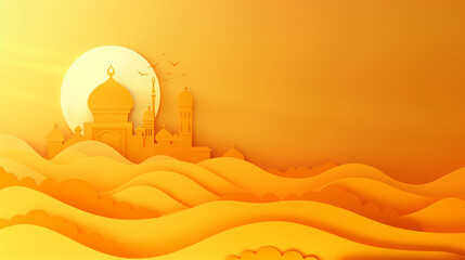 Banner of Golden Dunes and Mosque Silhouette with copyspace