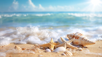 Fototapeta na wymiar Summer Beach Paradise with Starfish and Shells by the Ocean