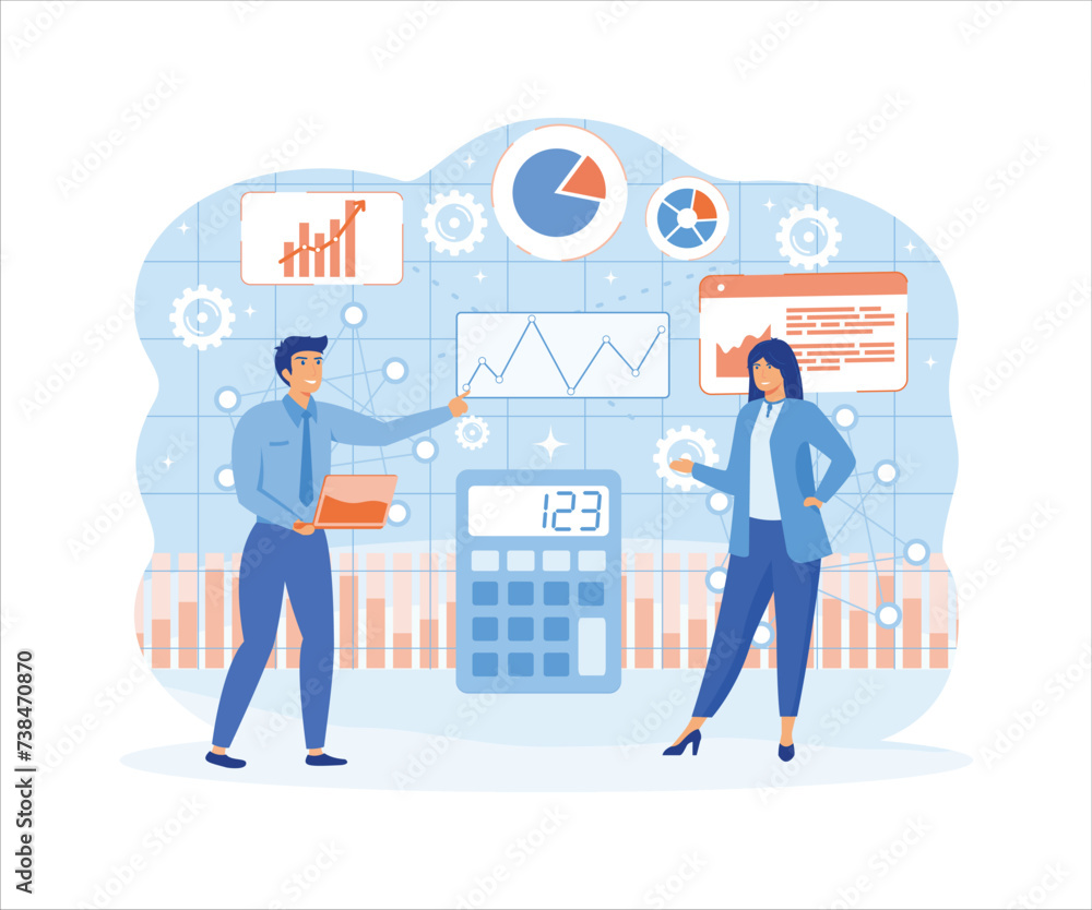 Poster data processing and visualization. people creating chart and analyze statistics to unlock data poten