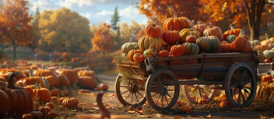 Fototapeta na wymiar Squash-filled cart at the pumpkin patch.