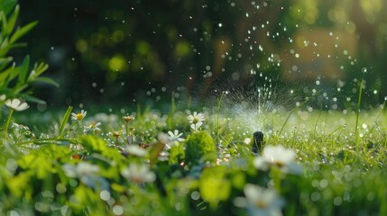 close up of a garden sprinkler spraying water onto grass and small flower  - obrazy, fototapety, plakaty
