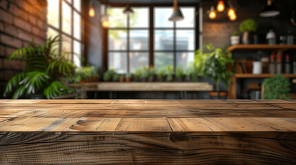 Top of the existing wooden table in the kitchen Blur of natural trees at background for product display montage. - obrazy, fototapety, plakaty