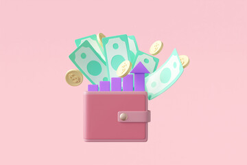 3D rendered illustration of finance and investment concept with wallet with green banknotes and gold coins, dollar with stock graph. For business, banking, profit, growth, development, success, safety