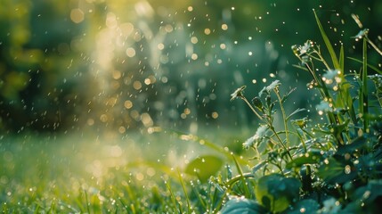 close up of a garden sprinkler spraying water onto grass and small flower  - obrazy, fototapety, plakaty