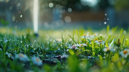 close up of a garden sprinkler spraying water onto grass and small flower 