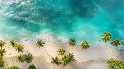 Fototapeta na wymiar Top view, summer beach with palm trees and ocean waves