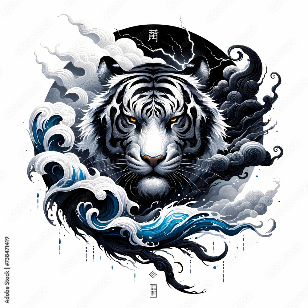 Sticker tiger logo tattoo chinese ink art style